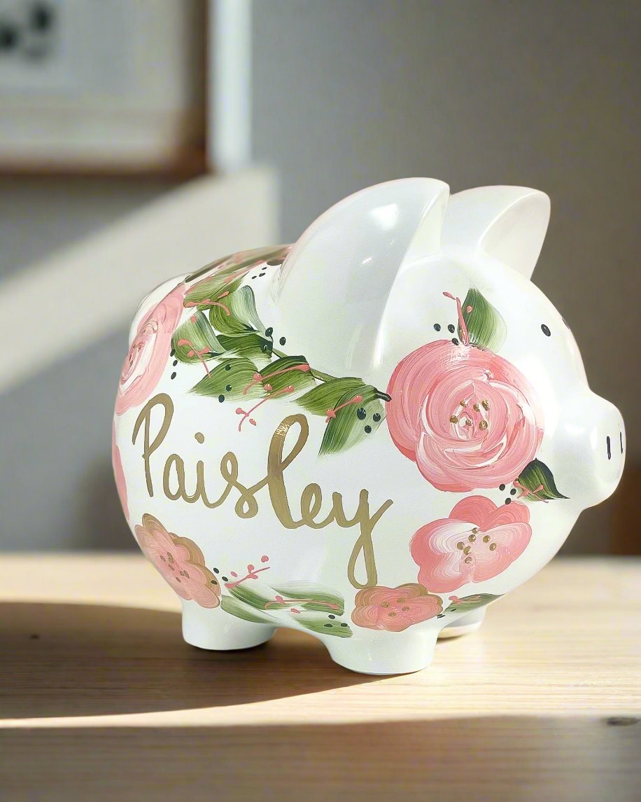 Personalized Piggy Bank with Black and White Paisley Design | White | Black | fashion Large | Baby Gift | Gift for Girl| piggy bank