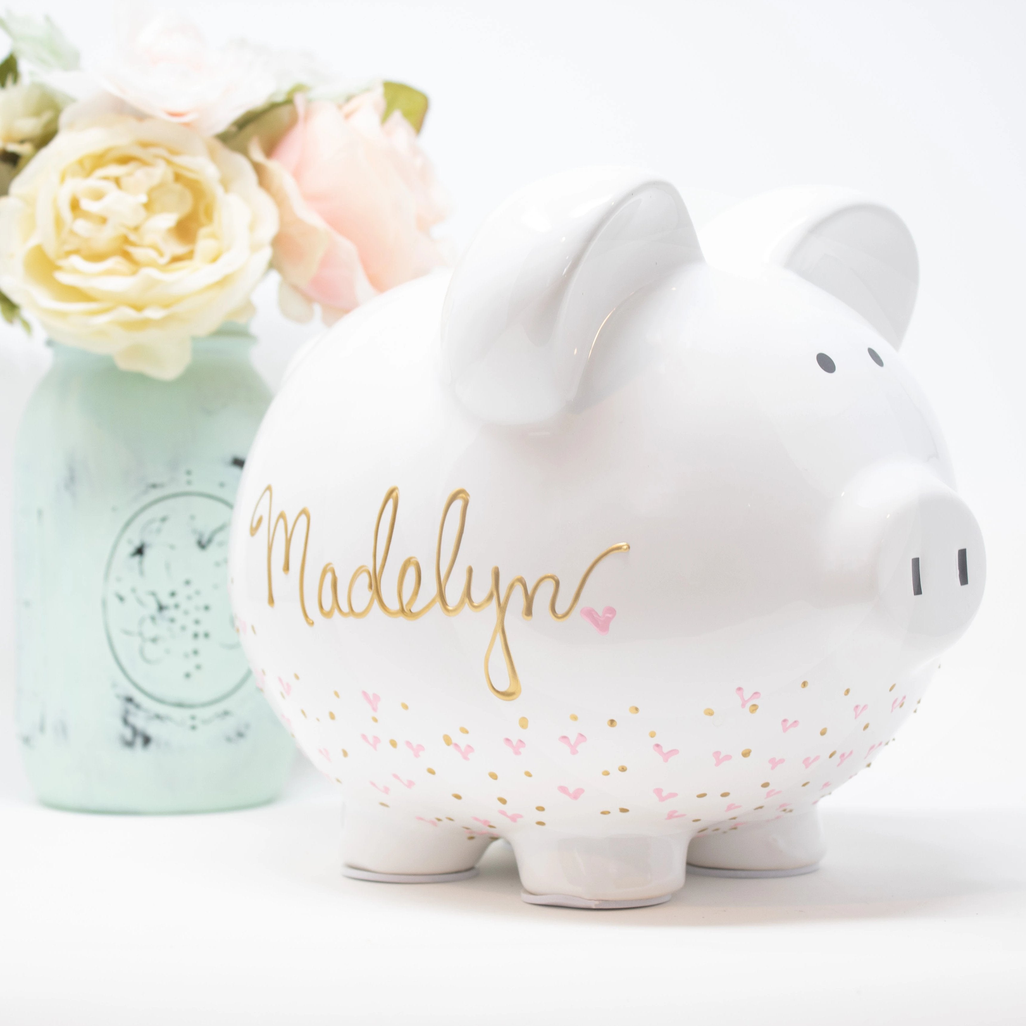 Personalized piggy bank for boy or girl retailer in yellow, red, and blue, perfect baby shower or birthday gift, hand-painted ceramic piggy bank