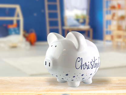 Personalized Hand Painted Piggy Bank with Navy Stars