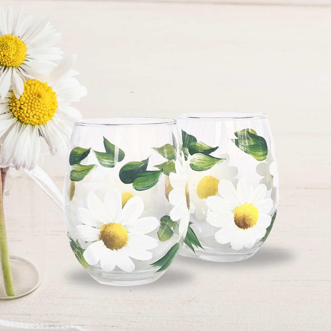 hand painted daisy flower stemless wine glasses Brushes with a View 