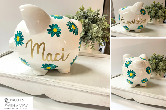 Large Daisy Piggy Bank, Baby Girl Gift, Personalized Piggy Bank for Girls, Baby Girl Baby Shower Gift, 1st Birthday Gift Girls