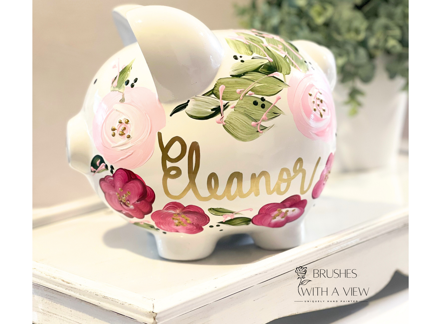 Personalized Piggy Bank for Girls, Dark Pink and Light Pink Floral Design, Hand Painted