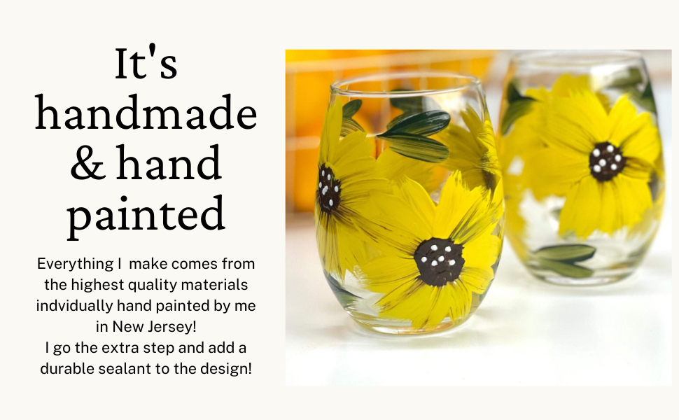 Hand painted hand madesunflower stemless wine glasses, set of 2, with vibrant yellow sunflowers and green leaves, ideal for summer wine enjoyment and sunflower-themed kitchen decor."