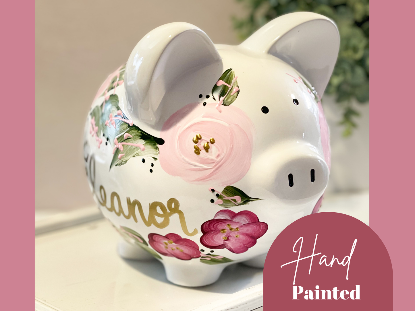 Personalized Piggy Bank for Girls, Dark Pink and Light Pink Floral Design, Hand Painted