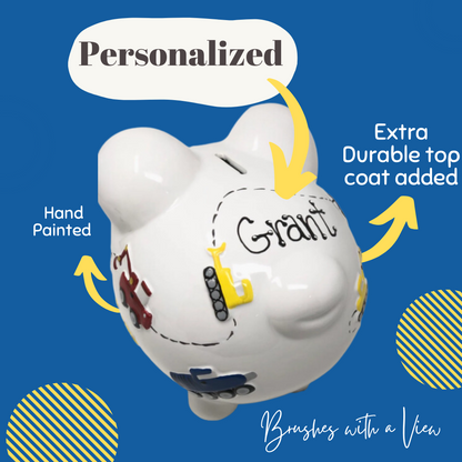 Personalized Hand Painted Construction themed Piggy Bank