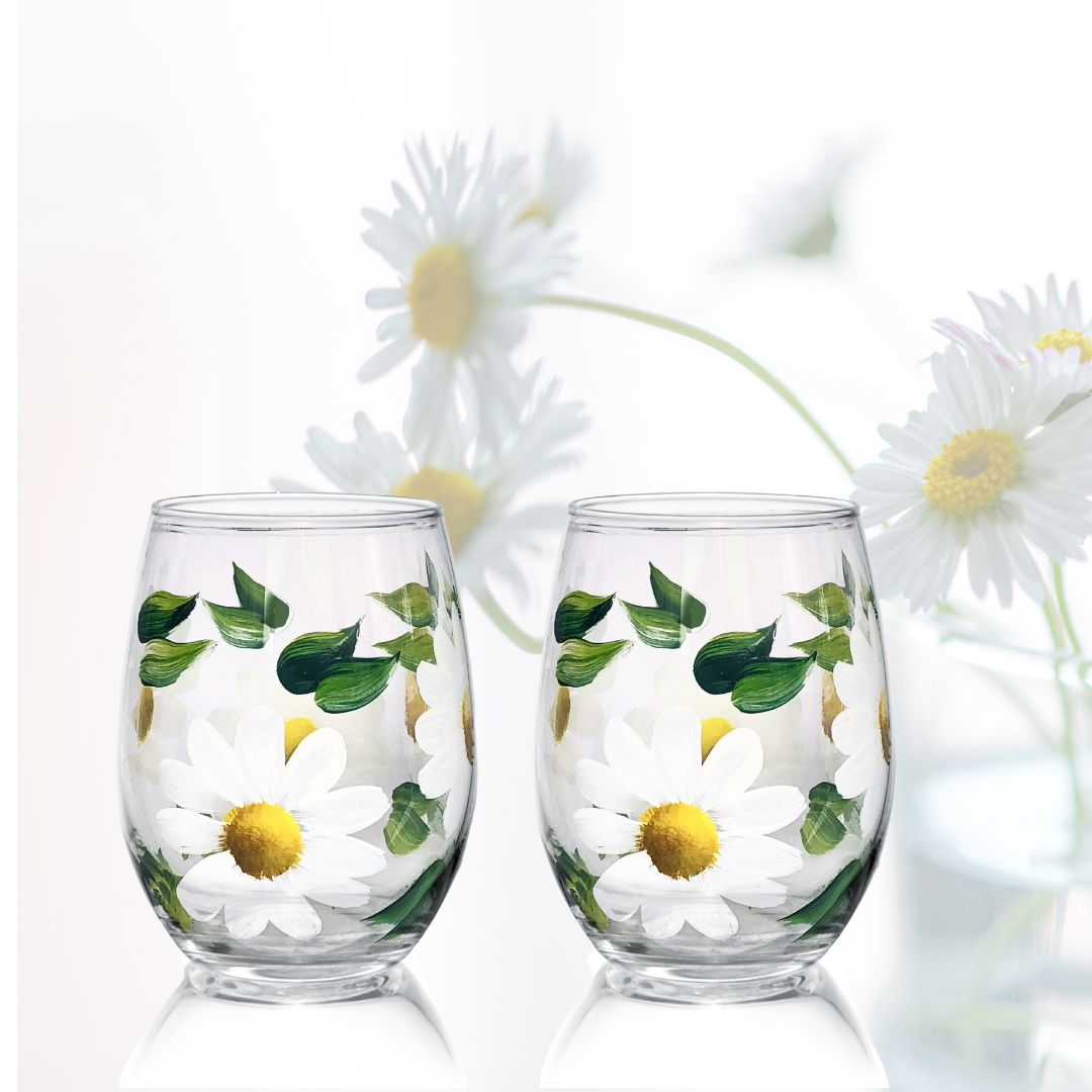 hand painted white daisy stemless wine glasses 