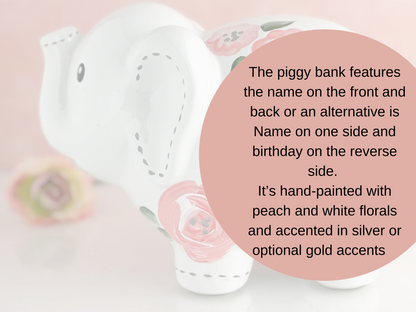 Boho Painted Peach Elephant Piggy Bank, Baby Girl Gift, Personalized Piggy Bank for Girls