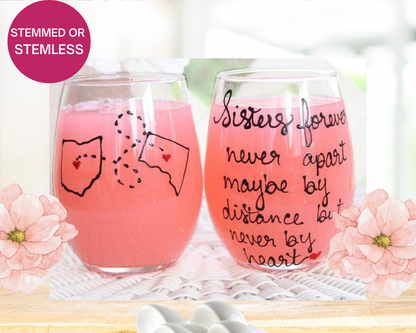 Sisters forever never apart quote, Hand Painted Wine Glasses Custom and Personalized, Hand Painted