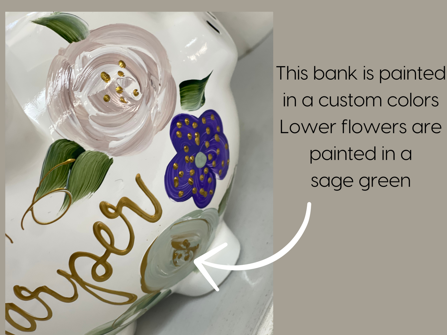 Personalized Piggy Bank Purple and Sage Green Flowers - Hand Painted