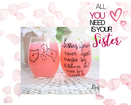 Sisters forever never apart quote, Hand Painted Wine Glasses Custom and Personalized, Hand Painted