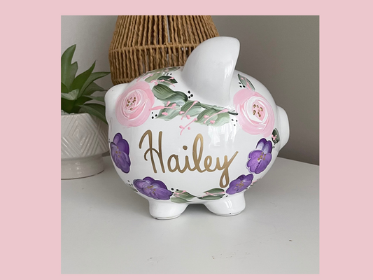 Purple and Pink Custom Hand Painted Boho Flowers Piggy Bank - Personalized Pink Flowers