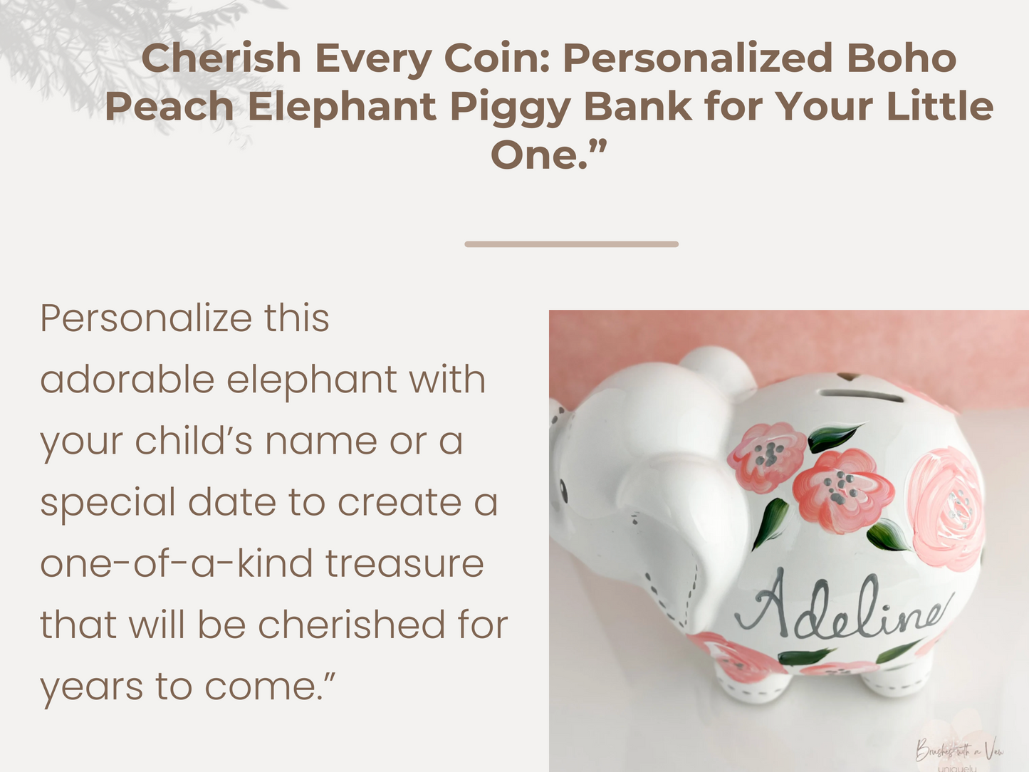 Boho Painted Peach Elephant Piggy Bank, Baby Girl Gift, Personalized Piggy Bank for Girls