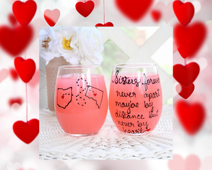 Sisters forever never apart quote, Hand Painted Wine Glasses Custom and Personalized, Hand Painted