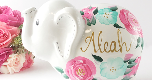 Large Boho Hand Painted Peach Floral Piggy Bank, Baby Girl Gift