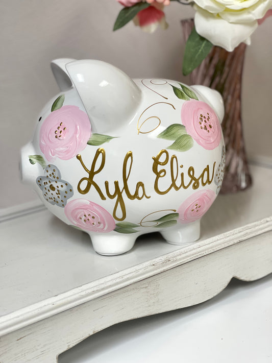 Personalized Piggy Bank Light Pink & Gray  Flowers - Hand Painted