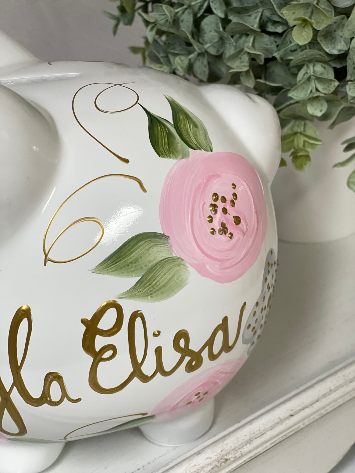 Personalized Piggy Bank Light Pink & Gray  Flowers - Hand Painted