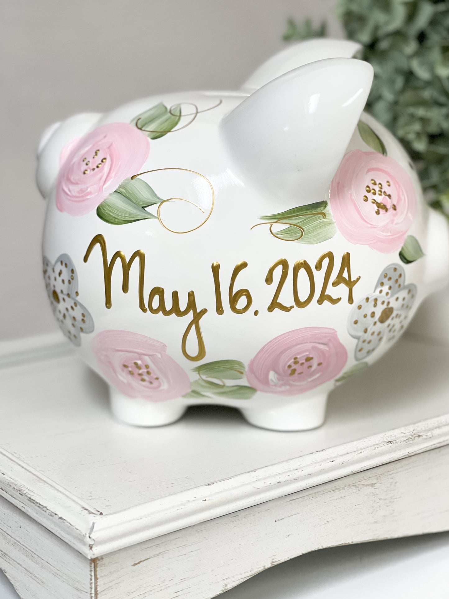 Personalized Piggy Bank Light Pink & Gray  Flowers - Hand Painted