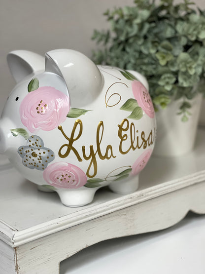 Personalized Piggy Bank Light Pink & Gray  Flowers - Hand Painted