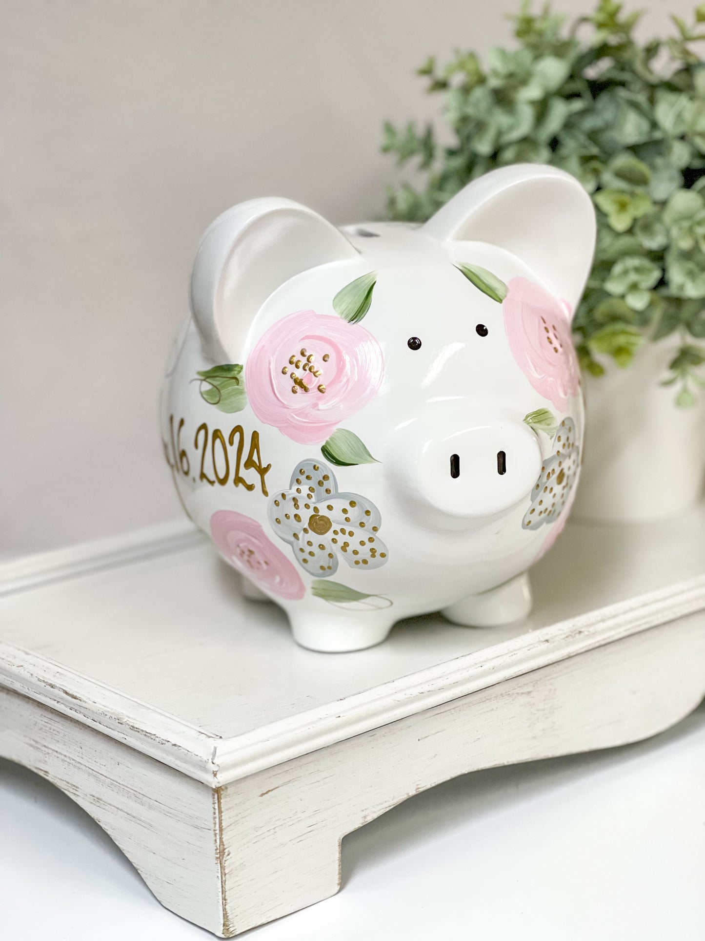 Personalized Piggy Bank Light Pink & Gray  Flowers - Hand Painted