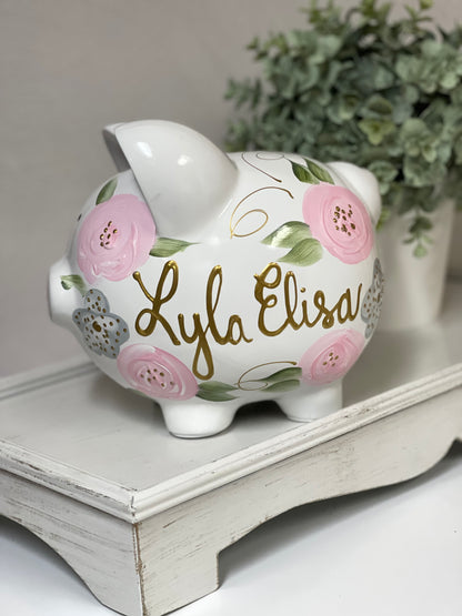 Personalized Piggy Bank Light Pink & Gray  Flowers - Hand Painted