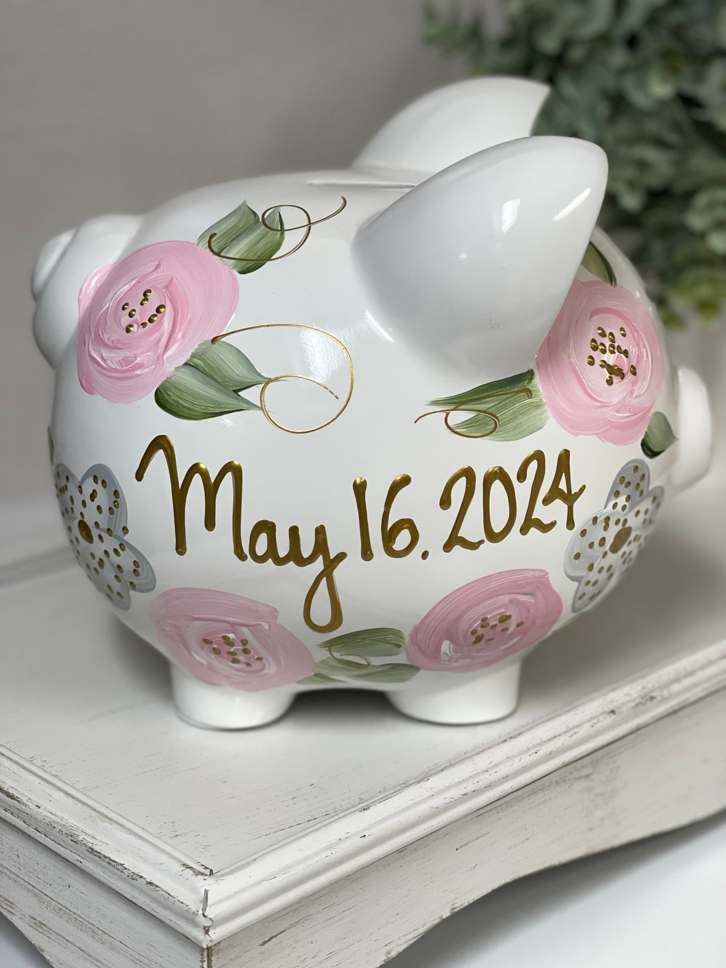 Personalized Piggy Bank Light Pink & Gray  Flowers - Hand Painted