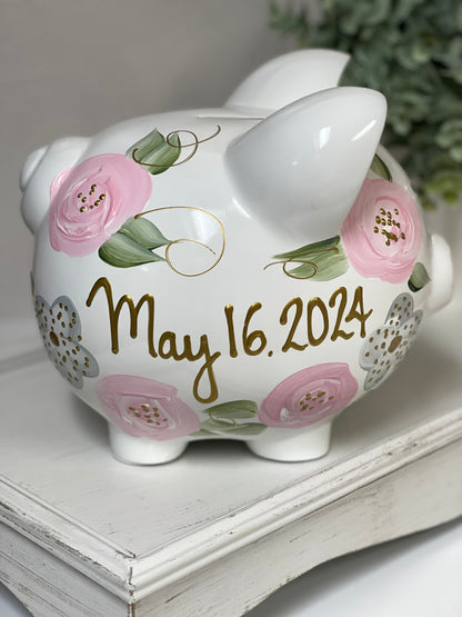 Personalized Piggy Bank Light Pink & Gray  Flowers - Hand Painted