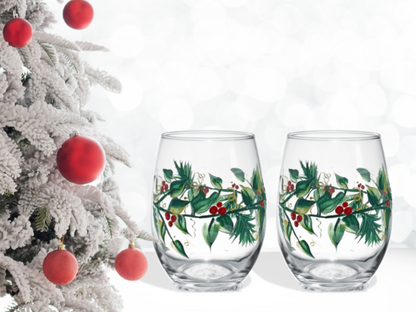 Christmas Wine Glasses - Set of 2 Stemless  - Hand Painted -  Holly and Berry