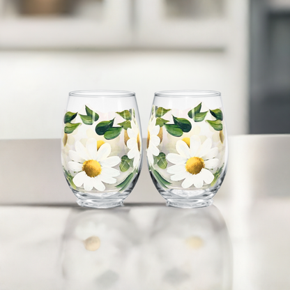 Daisy Stemless Wine Glass - Hand Painted Floral Glassware Gift for Women - Set of 2- Ready to ship