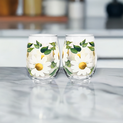 Daisy Stemless Wine Glass - Hand Painted Floral Glassware Gift for Women - Set of 2- Ready to ship