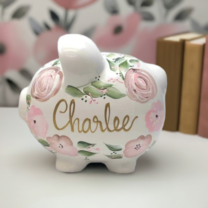 Hand-Painted Boho Flowers Piggy Bank | Personalized Gift for Kids