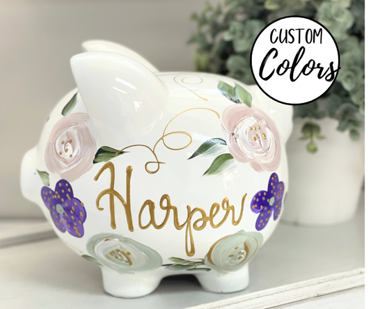 Personalized Piggy Bank Purple and Sage Green Flowers - Hand Painted