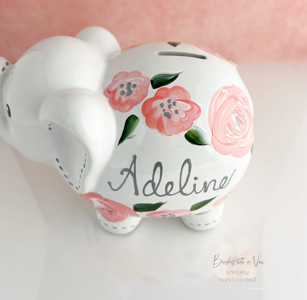Boho painted peach elephant piggy bank baby girl gift personalized piggy bank for girls  