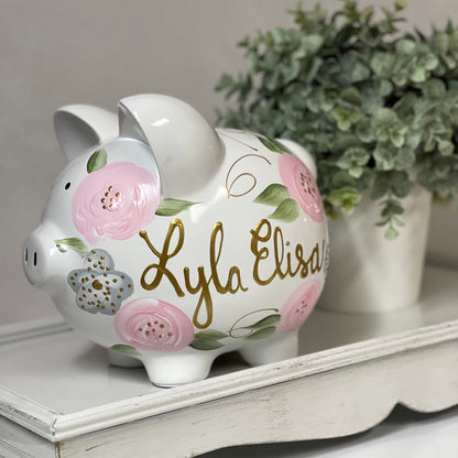 Personalized Piggy Bank Light Pink & Gray  Flowers - Hand Painted