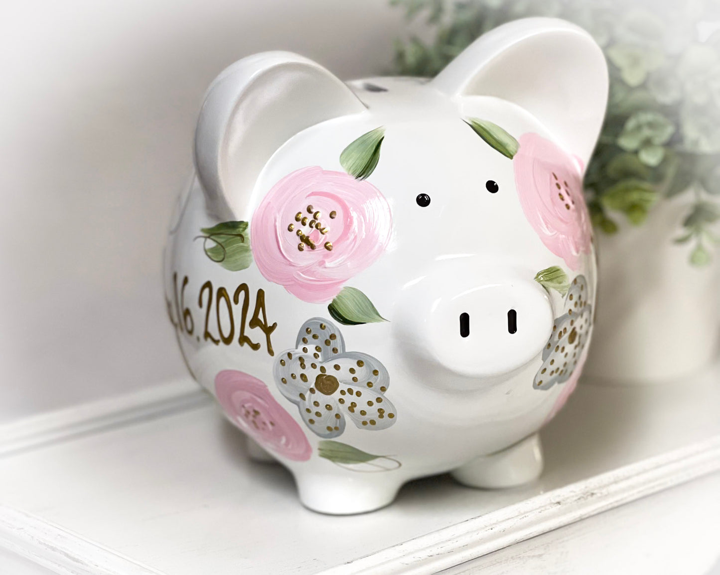 Personalized Piggy Bank Light Pink & Gray  Flowers - Hand Painted