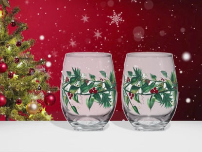 Christmas Wine Glasses - Set of 2 Stemless  - Hand Painted -  Holly and Berry