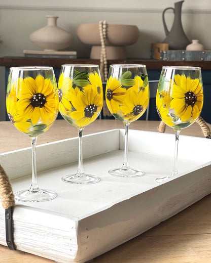 Hand Painted Sunflower Stemless Wine Glasses - Perfect Gift for Sunflower Lovers - Ideal for Home Kitchen Decor