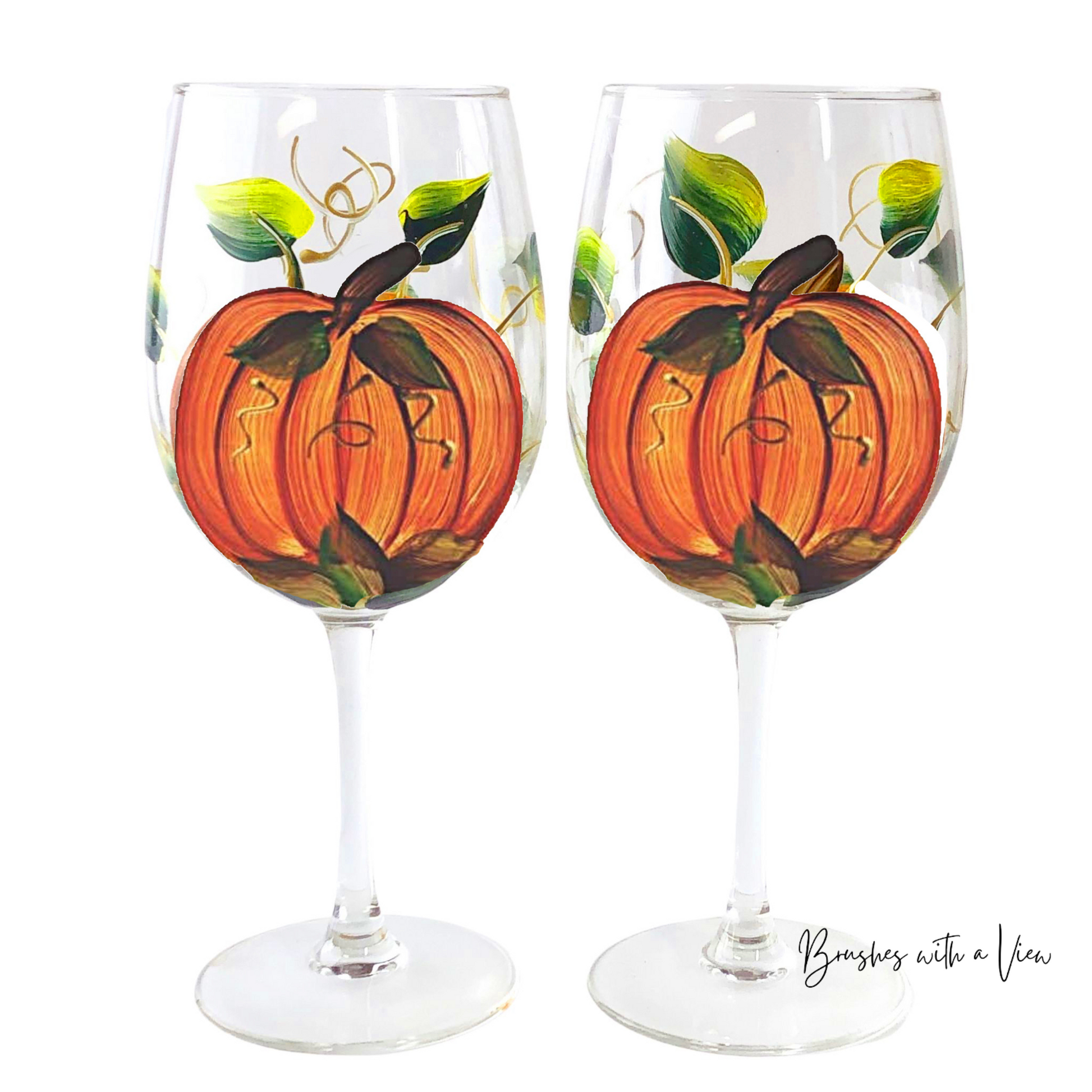 Harvest Pumpkin Hand-Painted Stemmed Wine Glass - Set of 2- 12 ounce