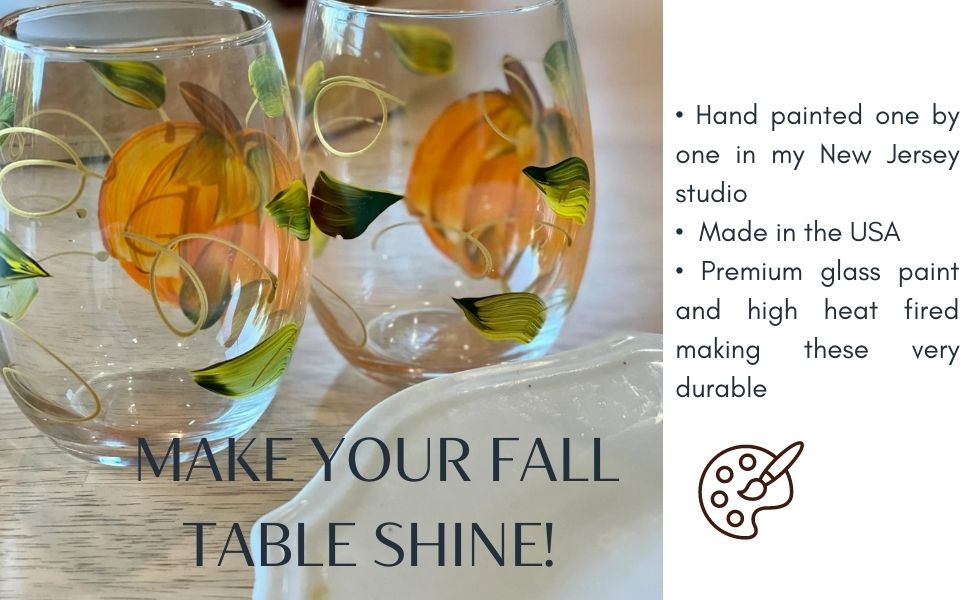 Harvest Pumpkin Hand-Painted Stemless Wine Glass - Set of 2 - 15 o