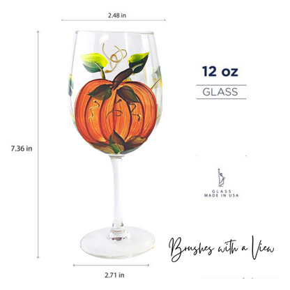 Harvest Pumpkin Hand-Painted Stemmed Wine Glass - Set of 2- 12 ounce