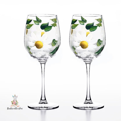 White Daisy Flower Wine Glasses- Set of 2 - 12 ounce  Stemmed or 15 ounce Stemless Wine Glass Set 