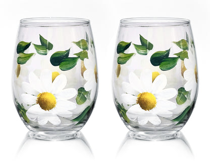 White Daisy Flower Wine Glasses- Set of 2 - 12 ounce  Stemmed or 15 ounce Stemless Wine Glass Set 
