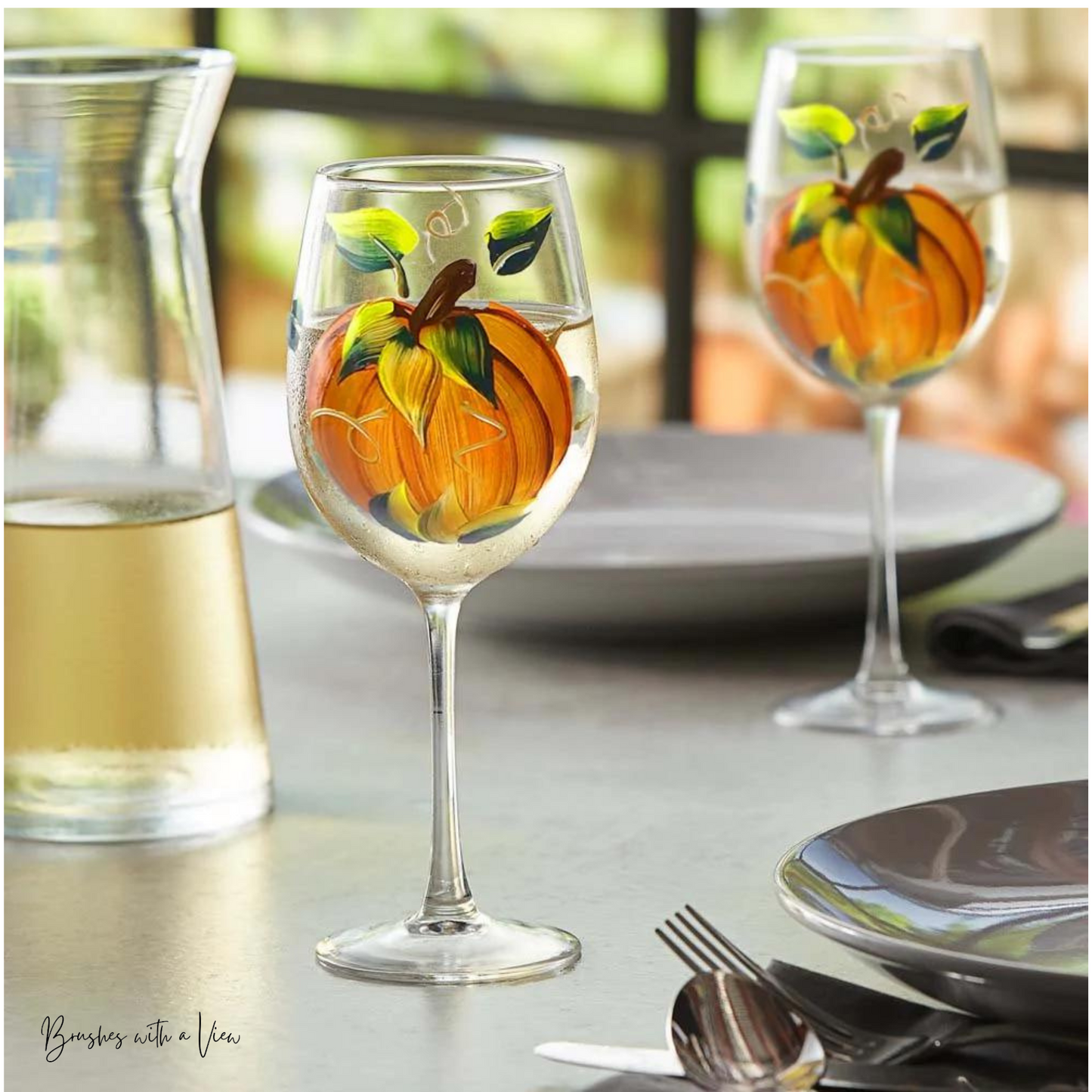 Harvest Pumpkin Hand-Painted Stemmed Wine Glass - Set of 2- 12 ounce