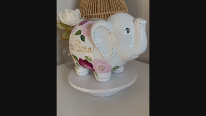 Personalized Elephant Boho Painted Bank, Burgundy and Pink Flowers