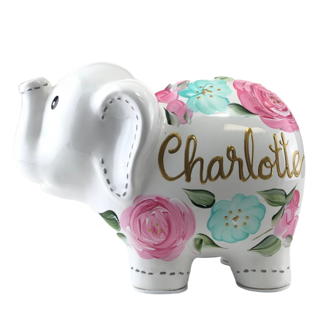 Personalized Elephant Piggy Bank, Floral Baby Girl 