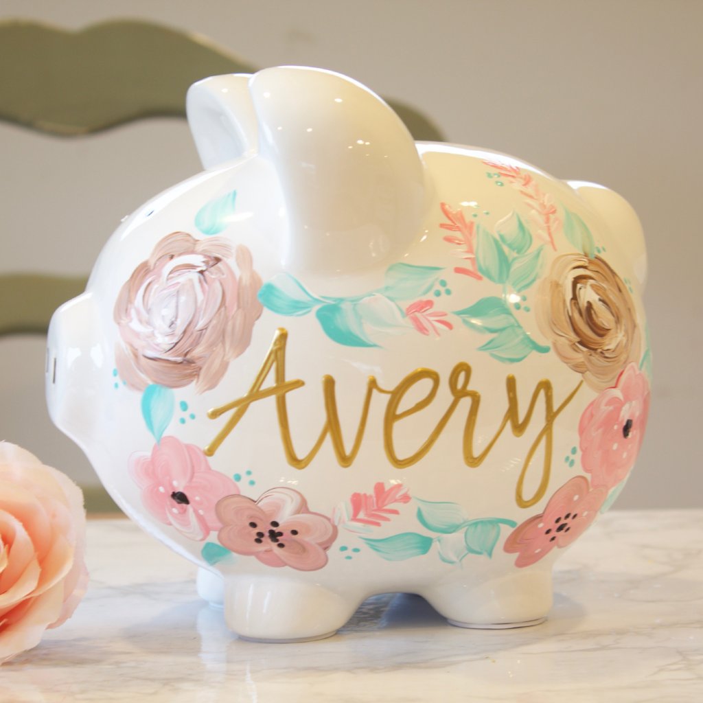 Pinks & Gold Handpainted || Large Personalized Bowtiful Piggy Bank || Pink || Gold || Bow store Bank || Gifts for Girls || 8.5 x 7 x 6.5 inches