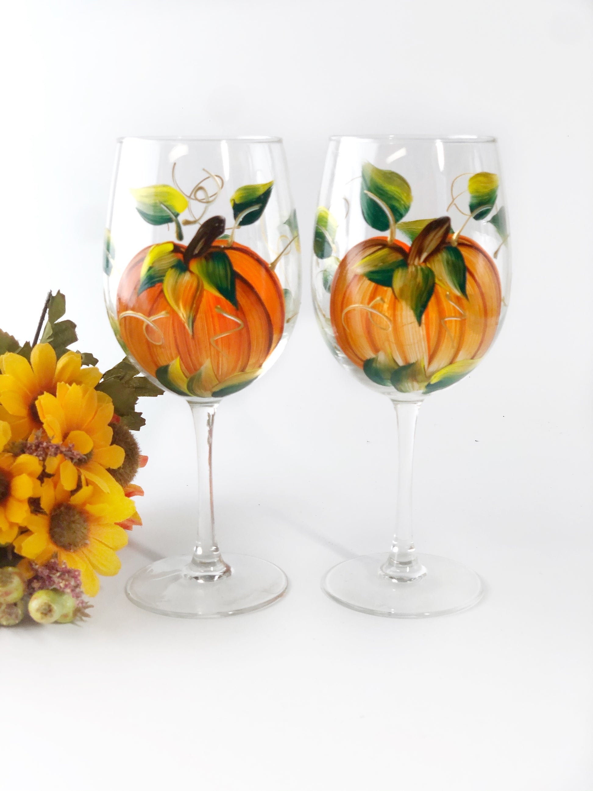 Harvest Pumpkin Hand-Painted Stemmed Wine Glass - Set of 2- 12 ounce 