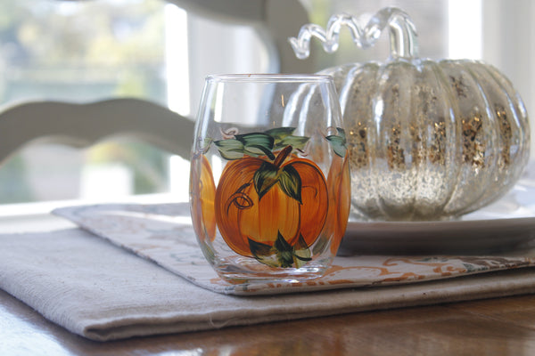 Hand Painted Wine Glasses with Pumpkin and fall leaves and golden swir –  Pretty Strokes