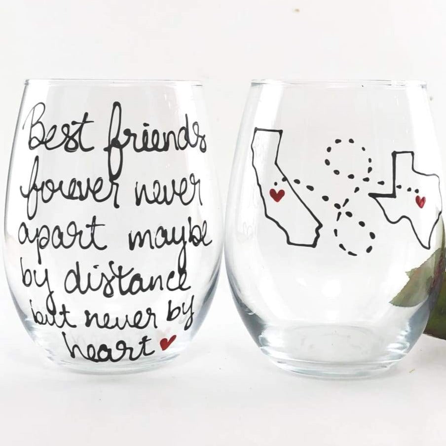 Best Friend Long Distance State Stemless Wine Glass, Hand Painted 