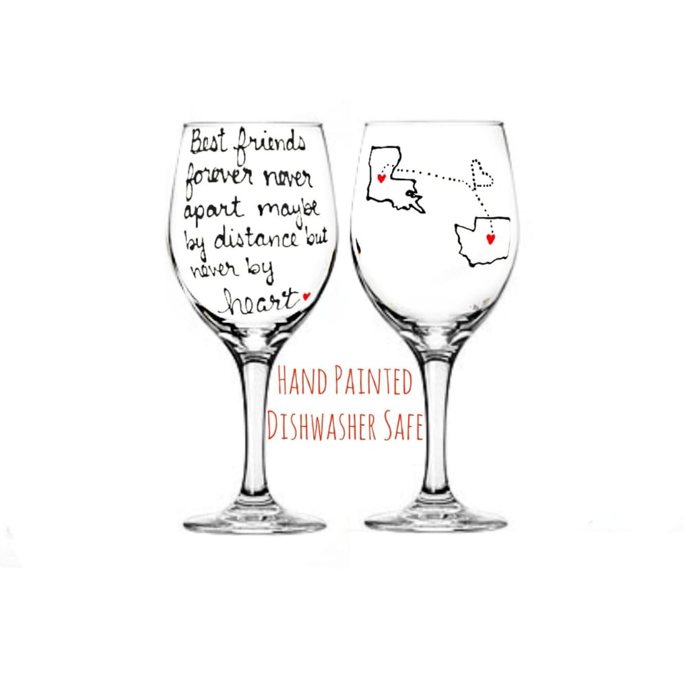 Best Friend Long Distance State Stemless Wine Glass, Hand Painted 