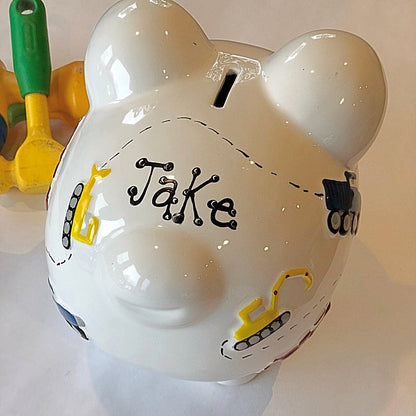 Personalized Hand Painted Construction themed Piggy Bank 